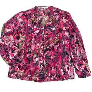 Chicos Top Womens 2 / US 12 Pink Garden Floral Chiffon Ruffle Blouse Semi-sheer